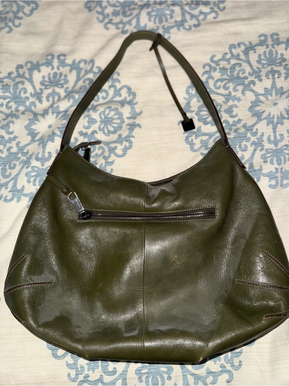 HOBO Olive Leather Hobo Shoulder Bag with Front Zip Pocket